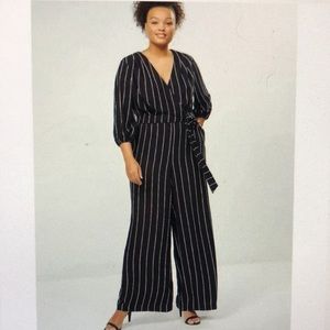 Lane Bryant black striped wide leg dressy faux wrap jumpsuit size 16 ECU